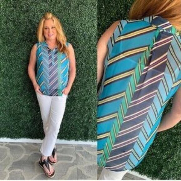 Cabi 3780 Ascot Top Geometric Teal & Green Size Medium - Picture 2 of 7